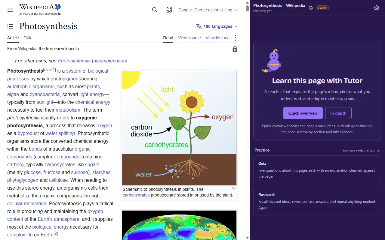 A Wikipedia article about photosynthesis with the Genie Tutor side panel open beside it, headed Learn this page with Tutor, with Quick overview and In depth buttons, and Quiz and Flashcards below under Practice.