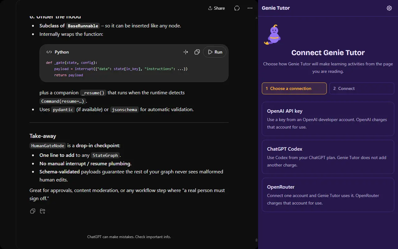 The Genie Tutor panel on first use, headed Connect Genie Tutor, with a two-step guide and the three connection choices.