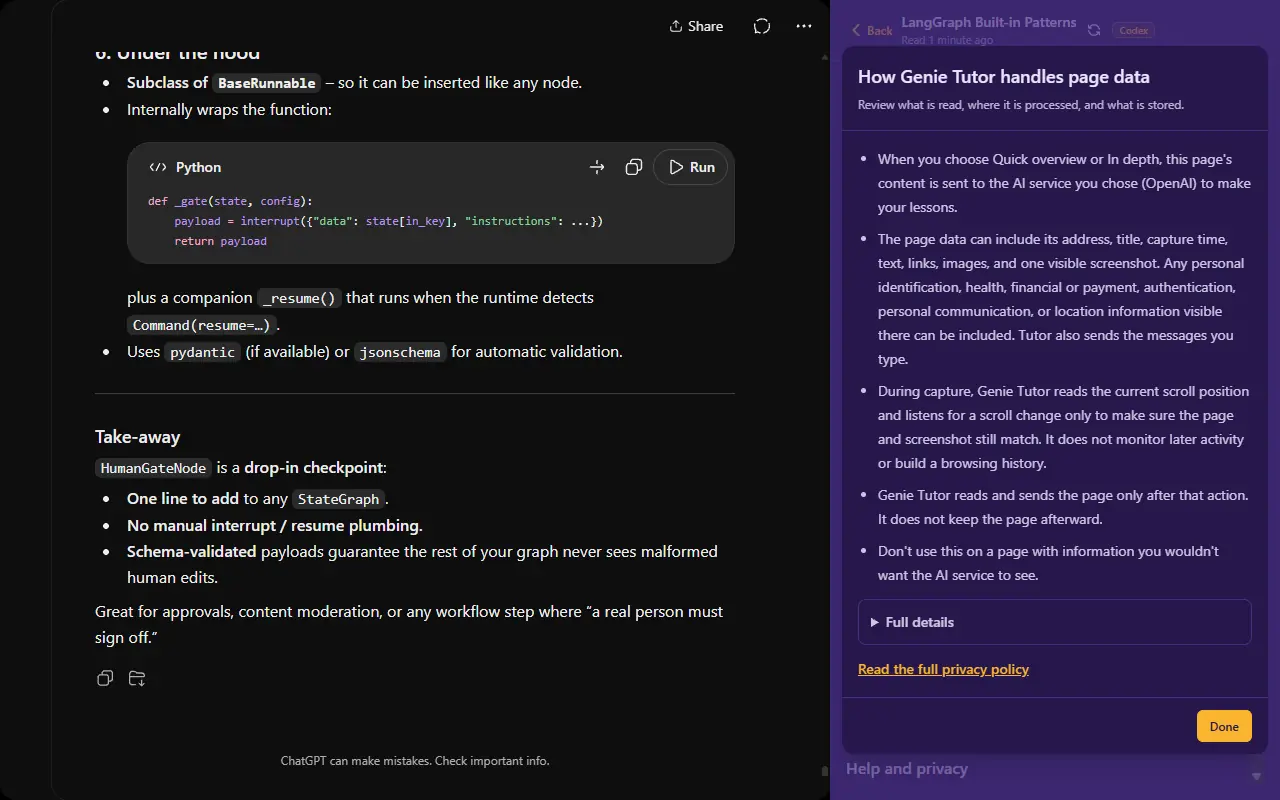 A dialog headed How Genie Tutor handles page data, listing what is read, where it is processed, and what is stored, with a Done button.
