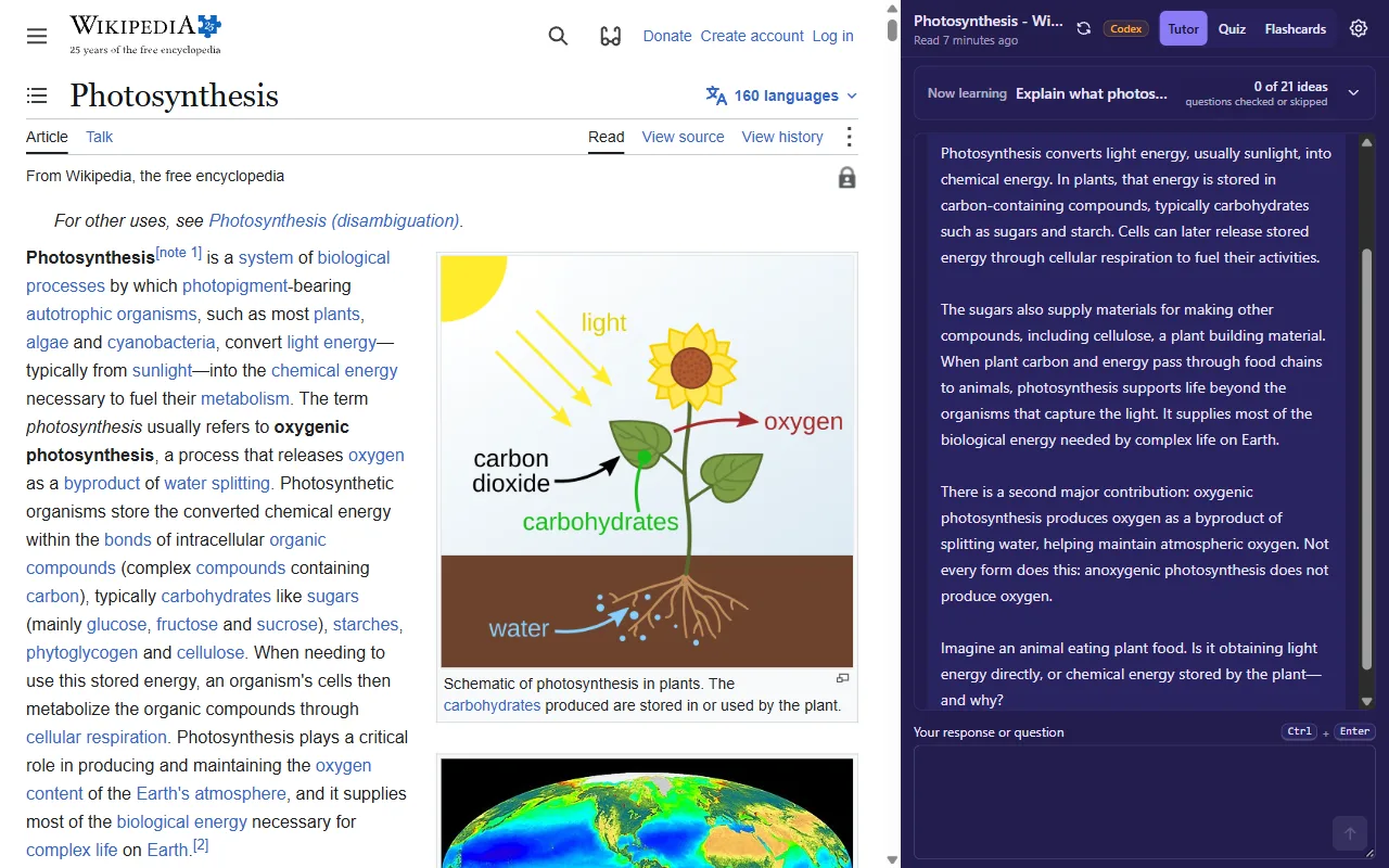 The Genie Tutor panel teaching what photosynthesis accomplishes, ending with a question, with the learner's response box below and a counter at the top that reads 0 of 21 ideas, questions checked or skipped.