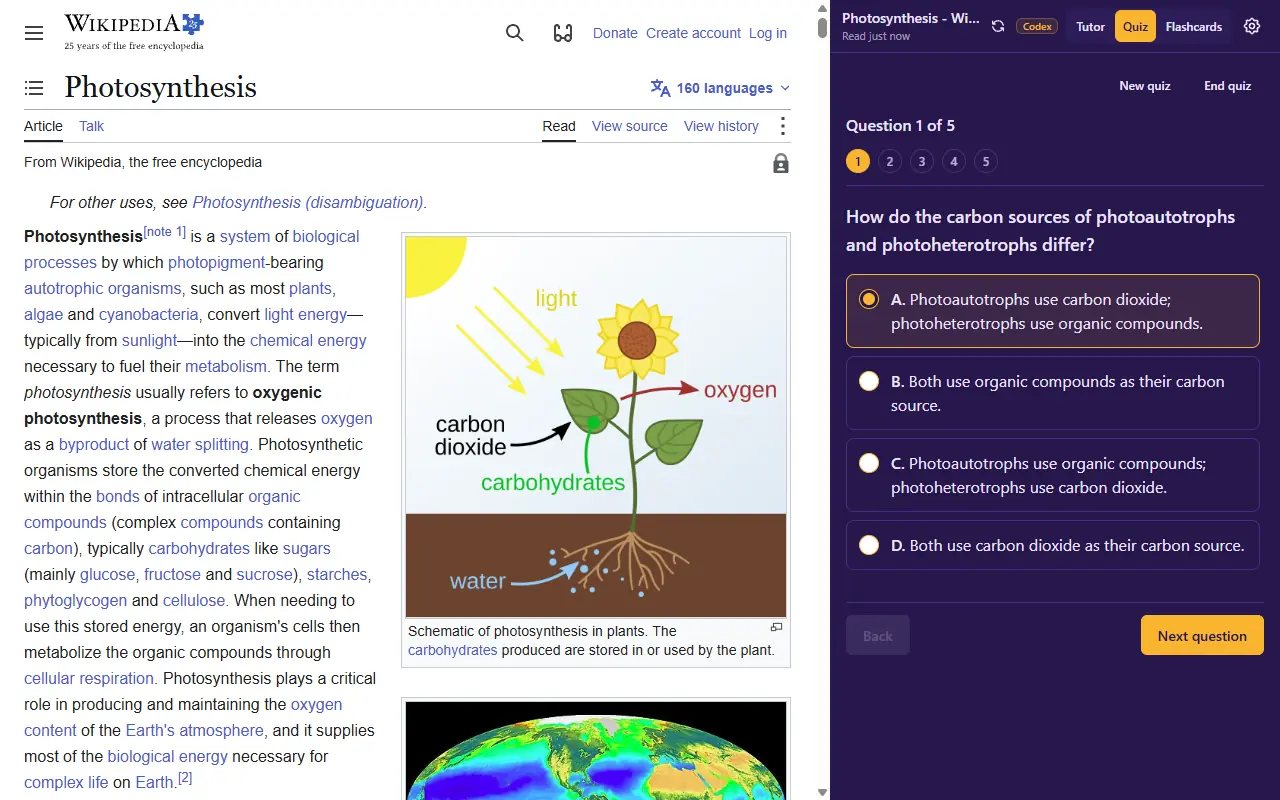 The Genie Tutor panel showing Question 1 of 5 with four lettered answer choices, the first selected, beside the photosynthesis article it was generated from.