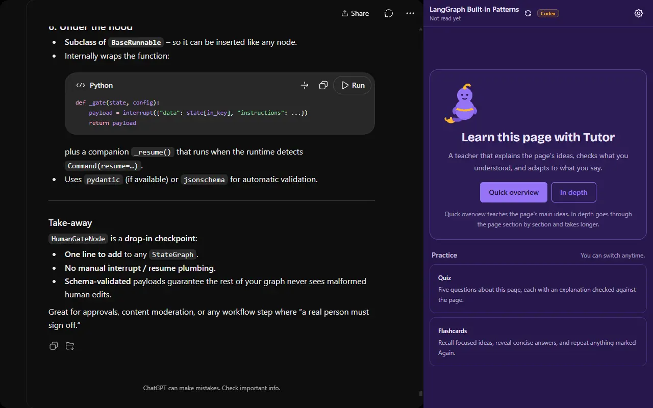 The same ChatGPT conversation with the Genie Tutor panel offering a lesson, and Quiz and Flashcards under Practice.