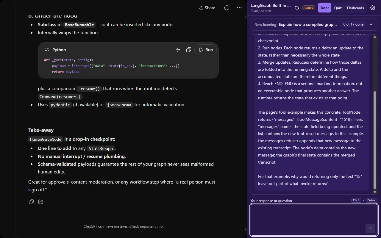 A shared ChatGPT conversation about LangGraph on the left, and the Genie Tutor panel on the right teaching how a compiled graph builds the state it returns, ending with a question.
